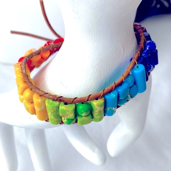 Rainbow Rolled Honed Marbled Barreled Stone leather wrap lattice bracelet - Picture 1 of 16